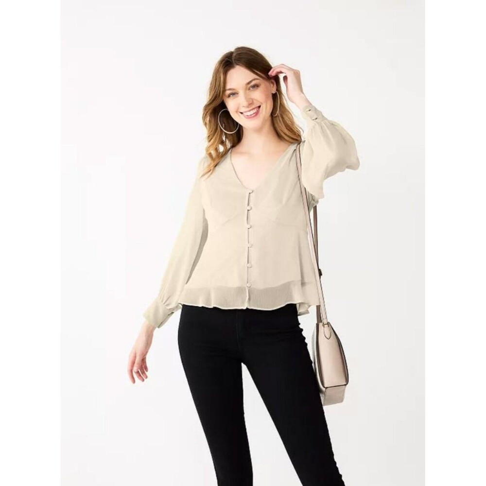 Nine West Long Sleeve V-Neck Button Front Chiffon Blouse Ivory Size XL NEW